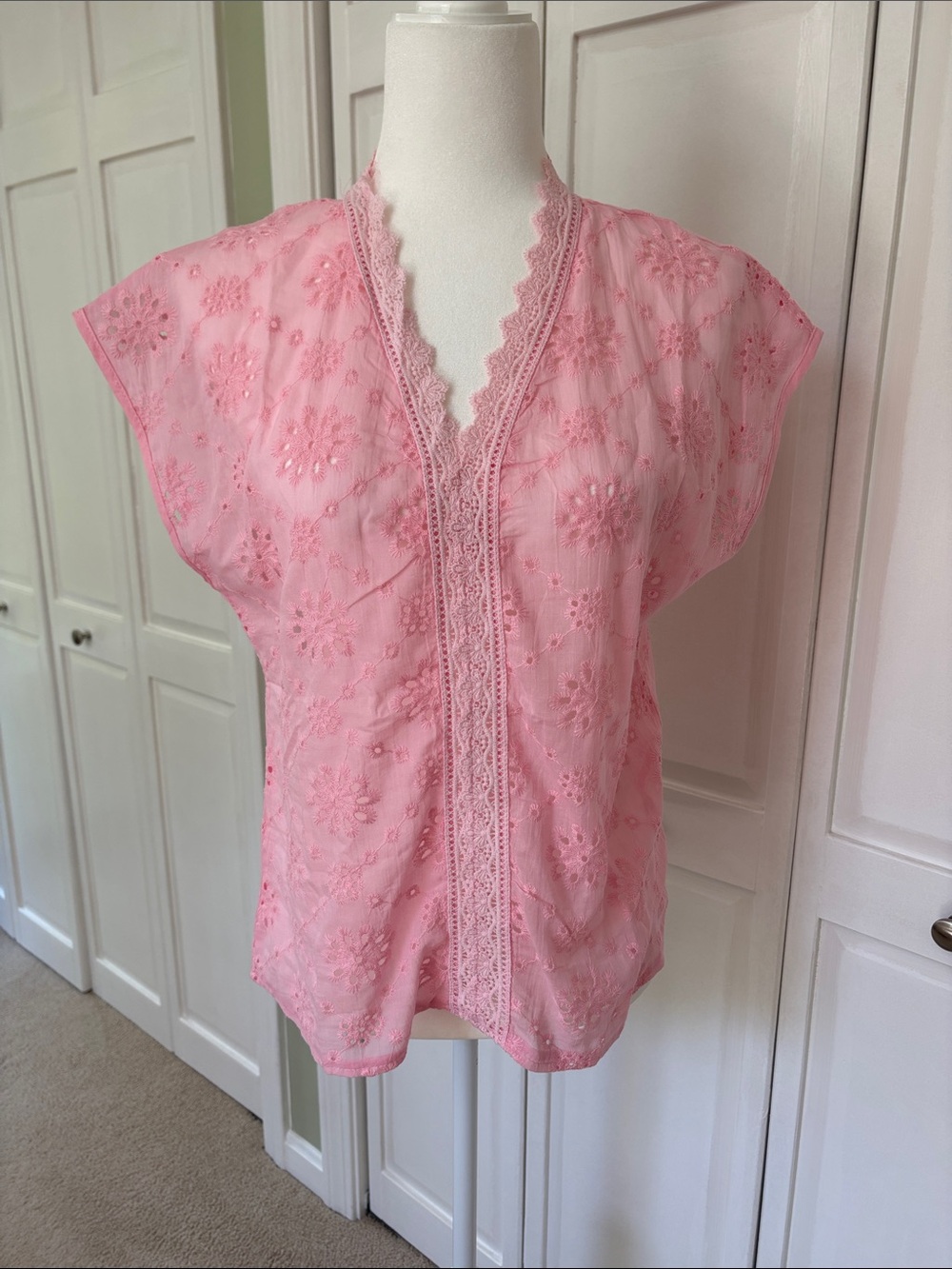 Delicate Pink Eyelet Lace-Trim V-Neck Blouse